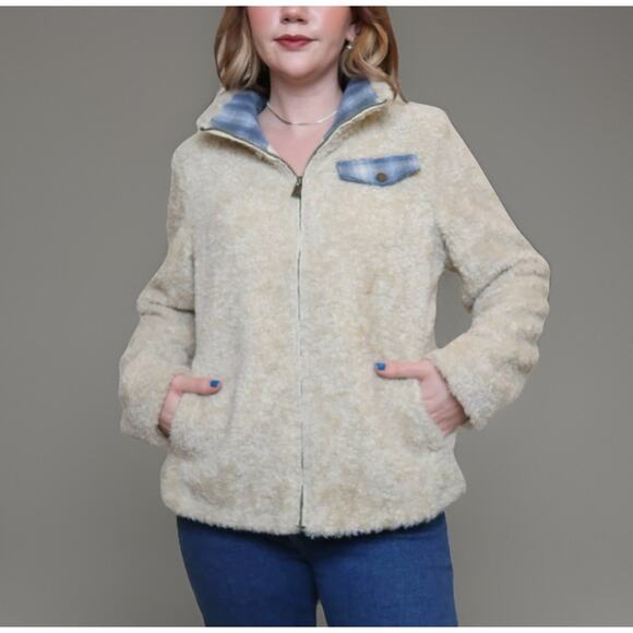 Pendleton Sherpa Fleece Wool Blend Jacket Women’s S Teddy Beige Plaid Contrast - Picture 13 of 13